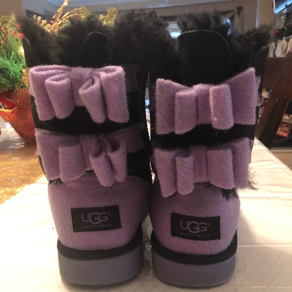 Kids black Bailey bow UGGs with purple wool bow